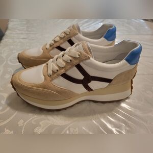 Veronica Beard White and Tan Sneakers with Blue Accent